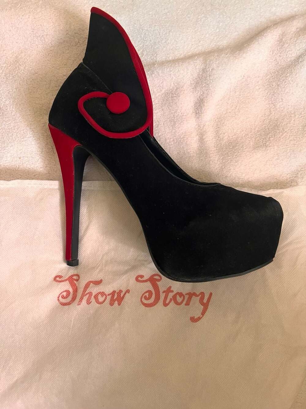 Show Story Platform Heels Black Red Faux Suede Stiletto